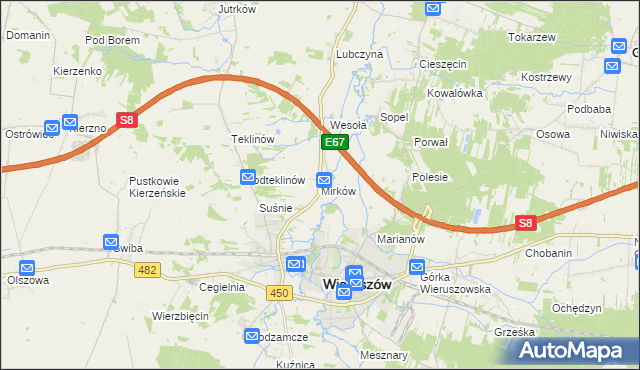 mapa Mirków gmina Wieruszów, Mirków gmina Wieruszów na mapie Targeo