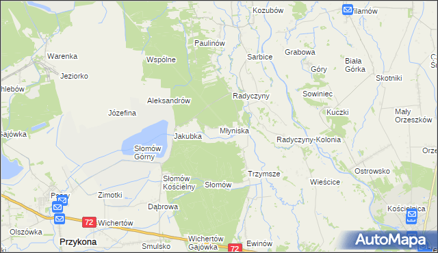 mapa Młyniska gmina Przykona, Młyniska gmina Przykona na mapie Targeo