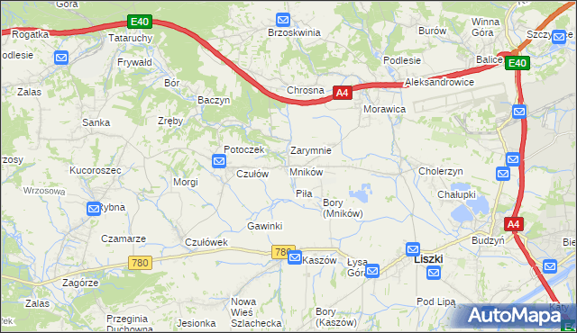 mapa Mników gmina Liszki, Mników gmina Liszki na mapie Targeo