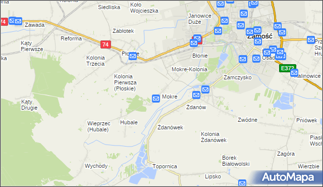 mapa Mokre gmina Zamość, Mokre gmina Zamość na mapie Targeo