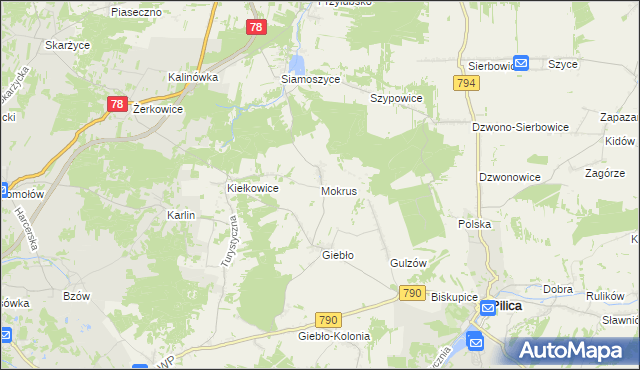 mapa Mokrus gmina Ogrodzieniec, Mokrus gmina Ogrodzieniec na mapie Targeo