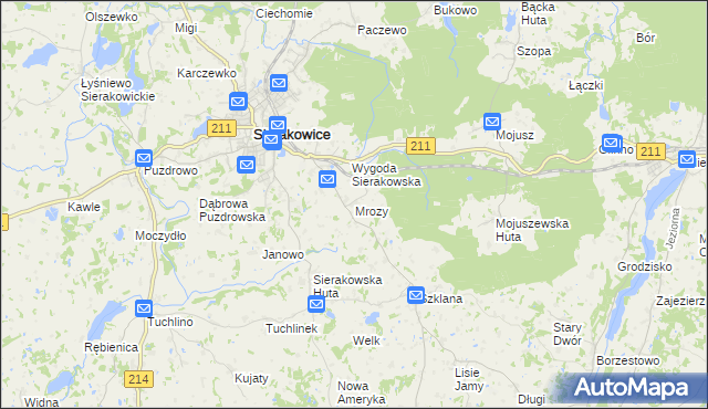 mapa Mrozy gmina Sierakowice, Mrozy gmina Sierakowice na mapie Targeo