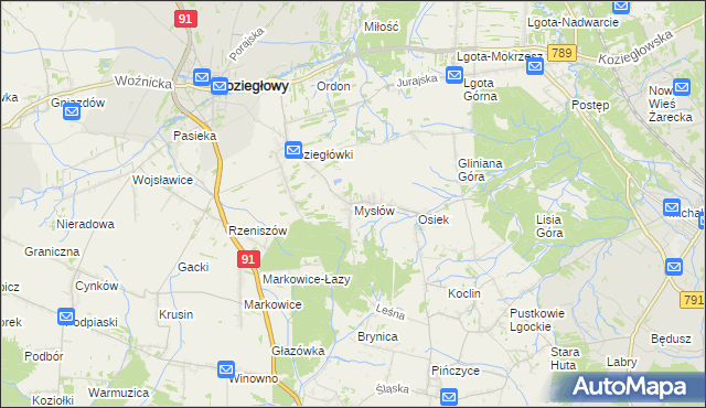 mapa Mysłów gmina Koziegłowy, Mysłów gmina Koziegłowy na mapie Targeo
