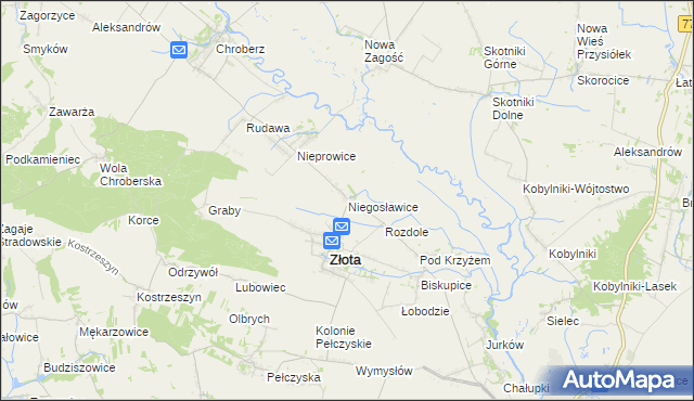 mapa Niegosławice gmina Złota, Niegosławice gmina Złota na mapie Targeo