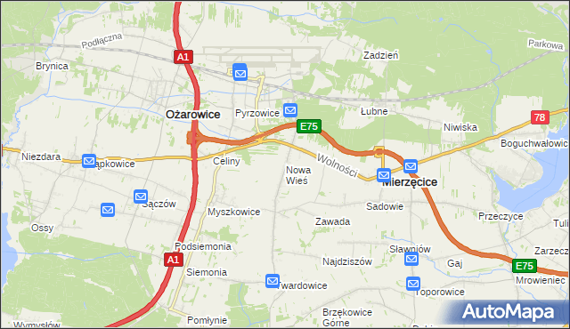 mapa Nowa Wieś gmina Mierzęcice, Nowa Wieś gmina Mierzęcice na mapie Targeo
