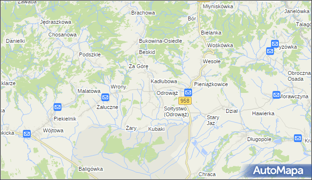 mapa Odrowąż gmina Czarny Dunajec, Odrowąż gmina Czarny Dunajec na mapie Targeo