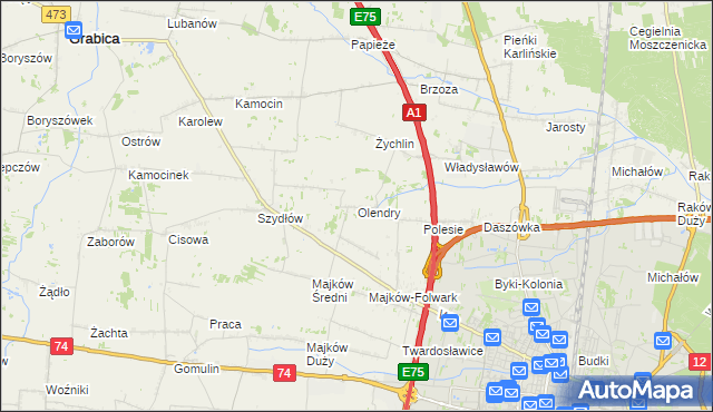 mapa Olendry gmina Grabica, Olendry gmina Grabica na mapie Targeo