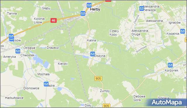 mapa Olszyna gmina Herby, Olszyna gmina Herby na mapie Targeo