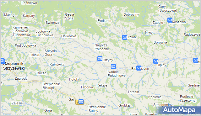 mapa Olszyny gmina Rzepiennik Strzyżewski, Olszyny gmina Rzepiennik Strzyżewski na mapie Targeo