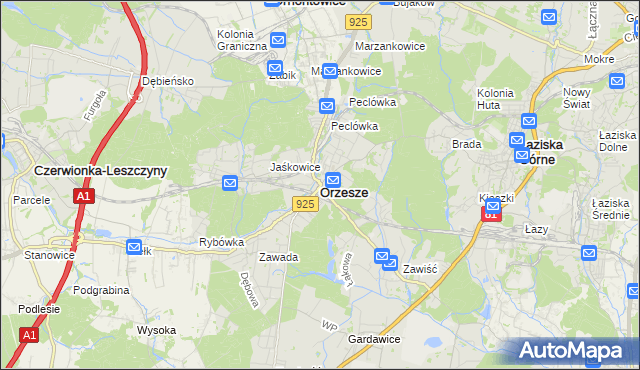 mapa Orzesze powiat mikołowski, Orzesze powiat mikołowski na mapie Targeo
