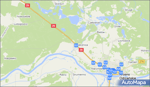 mapa Osiecznica gmina Krosno Odrzańskie, Osiecznica gmina Krosno Odrzańskie na mapie Targeo