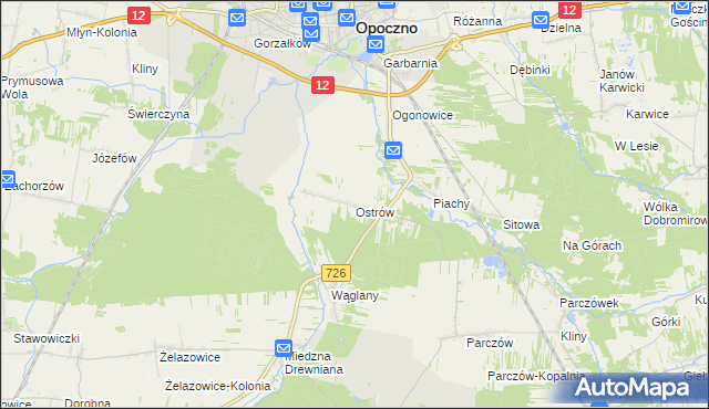 mapa Ostrów gmina Opoczno, Ostrów gmina Opoczno na mapie Targeo
