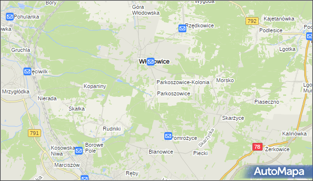mapa Parkoszowice gmina Włodowice, Parkoszowice gmina Włodowice na mapie Targeo