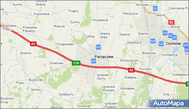 mapa Parzęczew powiat zgierski, Parzęczew powiat zgierski na mapie Targeo