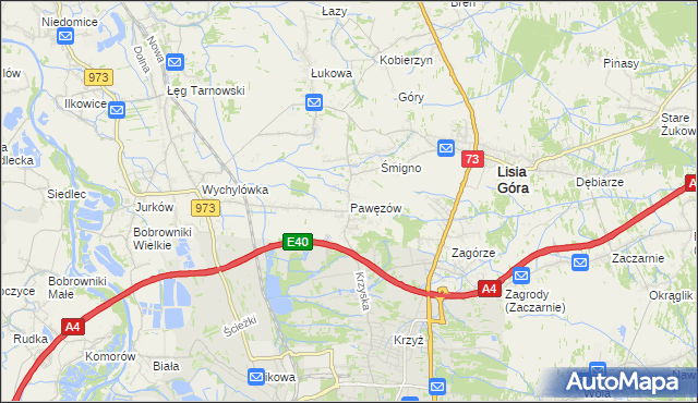 mapa Pawęzów gmina Lisia Góra, Pawęzów gmina Lisia Góra na mapie Targeo