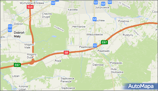 mapa Pawlikowice gmina Pabianice, Pawlikowice gmina Pabianice na mapie Targeo