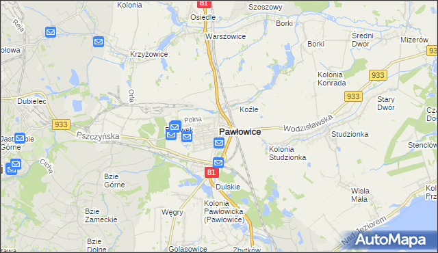 mapa Pawłowice powiat pszczyński, Pawłowice powiat pszczyński na mapie Targeo