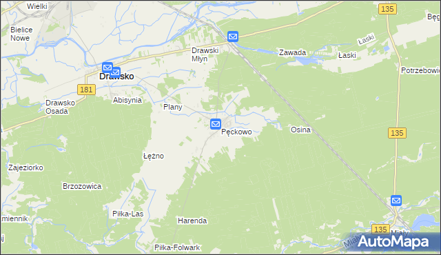 mapa Pęckowo gmina Drawsko, Pęckowo gmina Drawsko na mapie Targeo