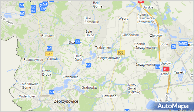 mapa Pielgrzymowice gmina Pawłowice, Pielgrzymowice gmina Pawłowice na mapie Targeo