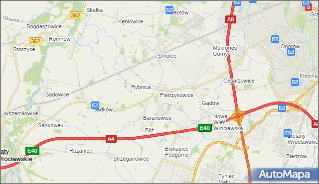 mapa Pietrzykowice gmina Kąty Wrocławskie, Pietrzykowice gmina Kąty Wrocławskie na mapie Targeo