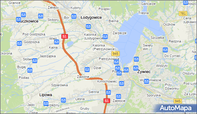 mapa Pietrzykowice gmina Łodygowice, Pietrzykowice gmina Łodygowice na mapie Targeo
