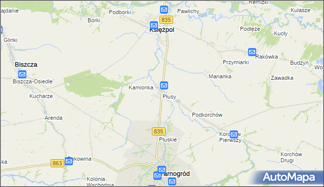 mapa Płusy gmina Księżpol, Płusy gmina Księżpol na mapie Targeo