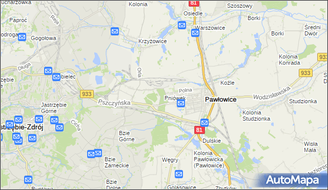 mapa Pniówek gmina Pawłowice, Pniówek gmina Pawłowice na mapie Targeo