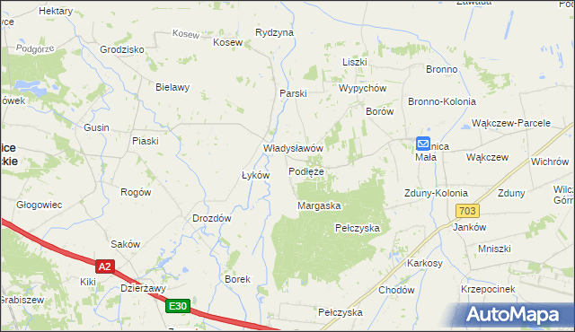 mapa Podłęże gmina Świnice Warckie, Podłęże gmina Świnice Warckie na mapie Targeo