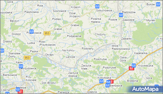 mapa Podolany gmina Kalwaria Zebrzydowska, Podolany gmina Kalwaria Zebrzydowska na mapie Targeo