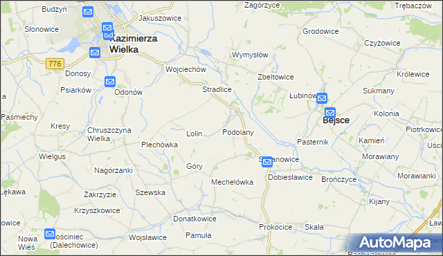mapa Podolany gmina Kazimierza Wielka, Podolany gmina Kazimierza Wielka na mapie Targeo