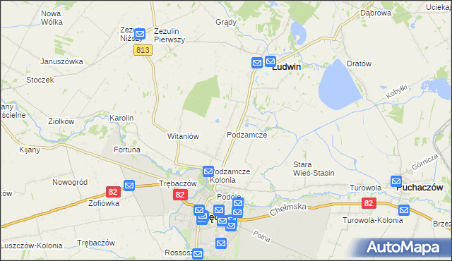 mapa Podzamcze gmina Łęczna, Podzamcze gmina Łęczna na mapie Targeo