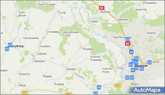 mapa Popielów gmina Liw, Popielów gmina Liw na mapie Targeo