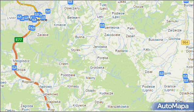 mapa Poręba gmina Myślenice, Poręba gmina Myślenice na mapie Targeo