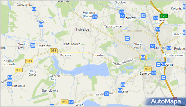 mapa Poręba gmina Pszczyna, Poręba gmina Pszczyna na mapie Targeo