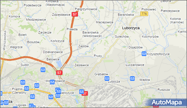 mapa Prusy gmina Kocmyrzów-Luborzyca, Prusy gmina Kocmyrzów-Luborzyca na mapie Targeo