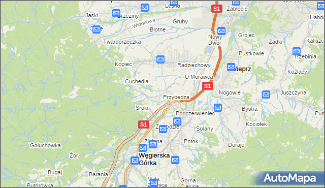 mapa Przybędza, Przybędza na mapie Targeo