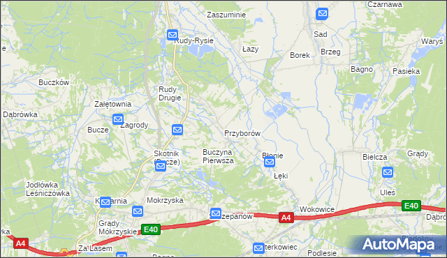 mapa Przyborów gmina Borzęcin, Przyborów gmina Borzęcin na mapie Targeo
