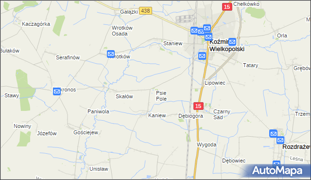 mapa Psie Pole gmina Koźmin Wielkopolski, Psie Pole gmina Koźmin Wielkopolski na mapie Targeo