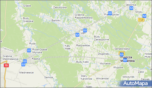 mapa Radziwiłłów gmina Puszcza Mariańska, Radziwiłłów gmina Puszcza Mariańska na mapie Targeo