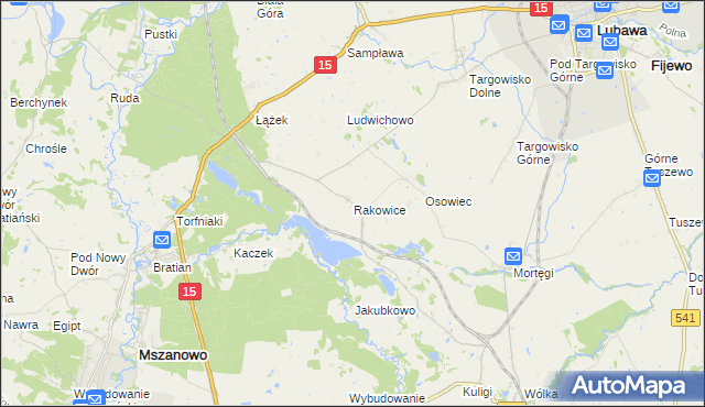 mapa Rakowice gmina Lubawa, Rakowice gmina Lubawa na mapie Targeo