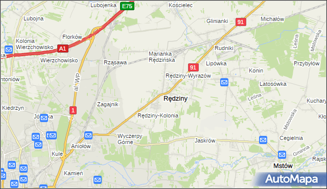 mapa Rędziny powiat częstochowski, Rędziny powiat częstochowski na mapie Targeo