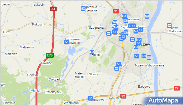 mapa Rokitki gmina Tczew, Rokitki gmina Tczew na mapie Targeo