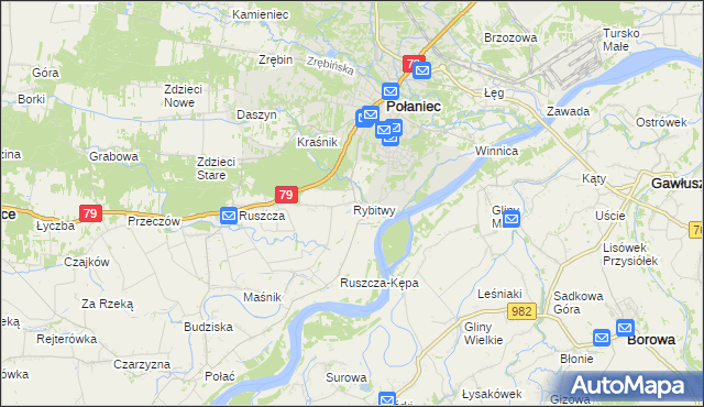 mapa Rybitwy gmina Połaniec, Rybitwy gmina Połaniec na mapie Targeo