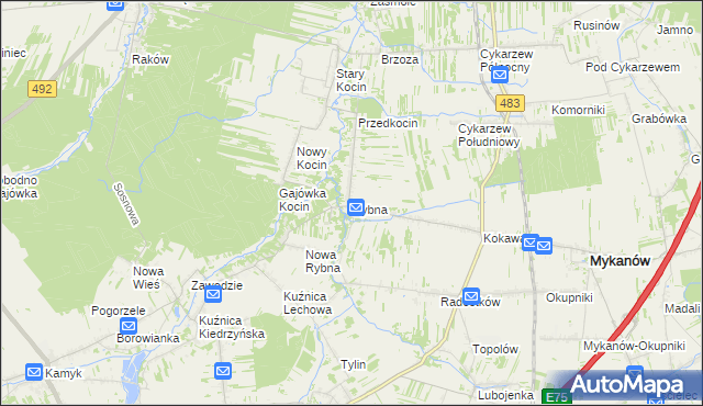 mapa Rybna gmina Mykanów, Rybna gmina Mykanów na mapie Targeo