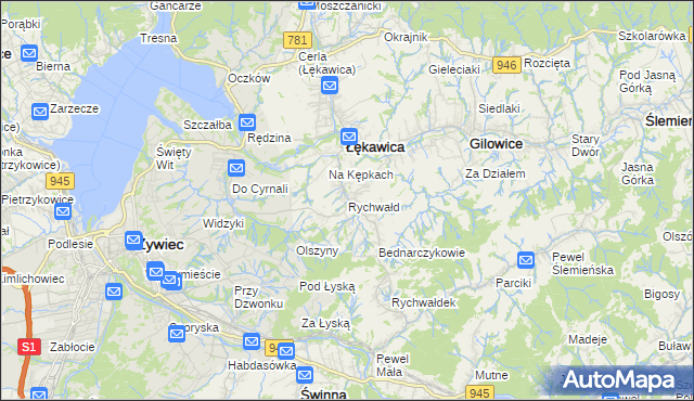 mapa Rychwałd gmina Gilowice, Rychwałd gmina Gilowice na mapie Targeo