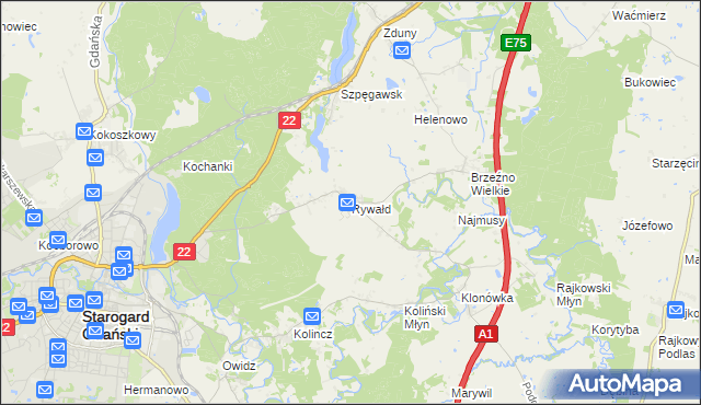 mapa Rywałd gmina Starogard Gdański, Rywałd gmina Starogard Gdański na mapie Targeo