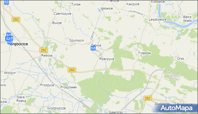 mapa Rzeczyca gmina Grębocice, Rzeczyca gmina Grębocice na mapie Targeo