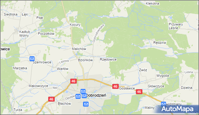 mapa Rzędowice gmina Dobrodzień, Rzędowice gmina Dobrodzień na mapie Targeo