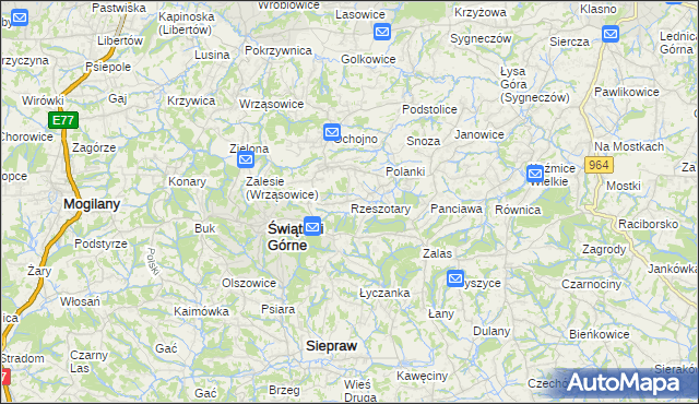mapa Rzeszotary gmina Świątniki Górne, Rzeszotary gmina Świątniki Górne na mapie Targeo