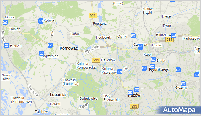 mapa Rzuchów gmina Kornowac, Rzuchów gmina Kornowac na mapie Targeo